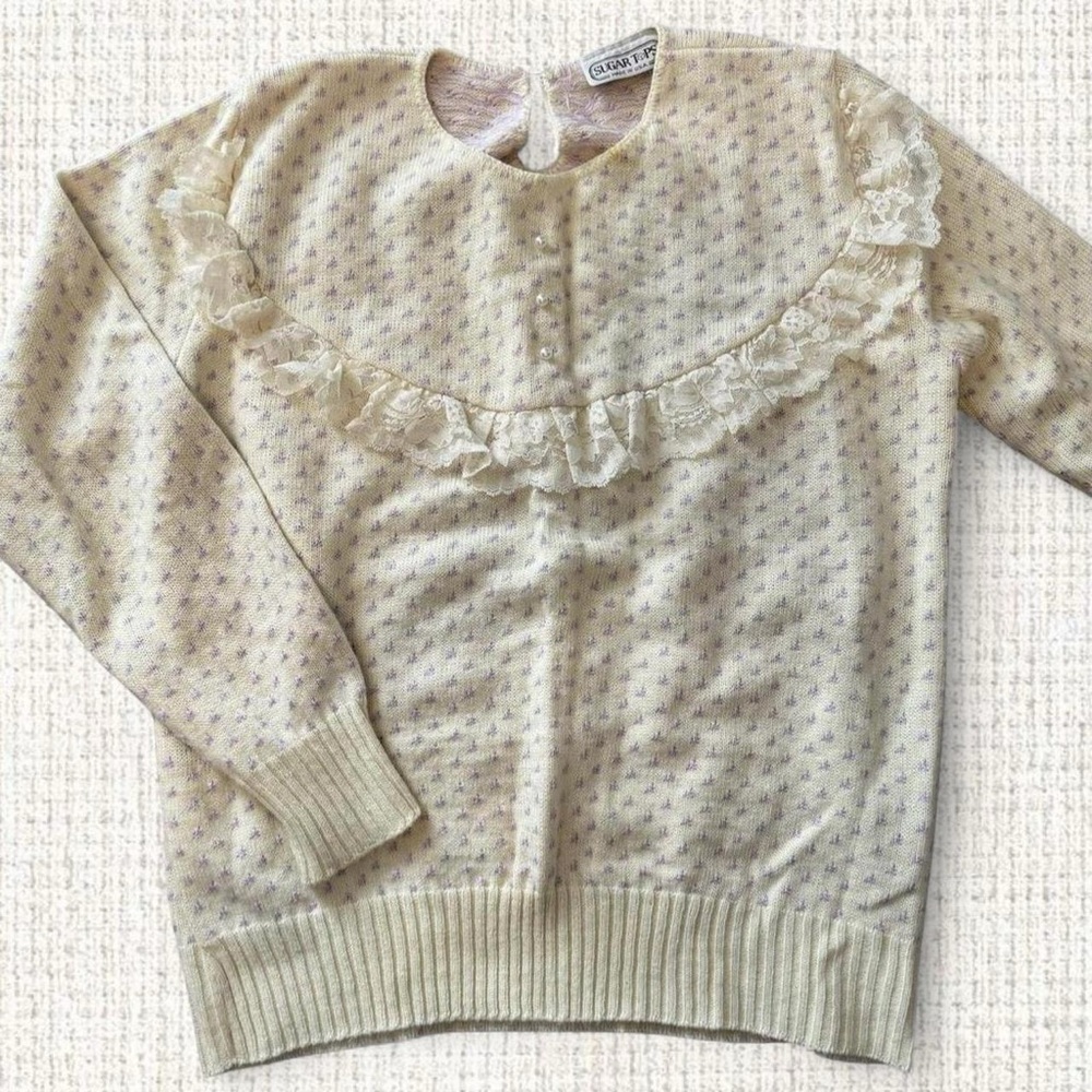 Sugar Tops Cream and Purple Sweater with Lace